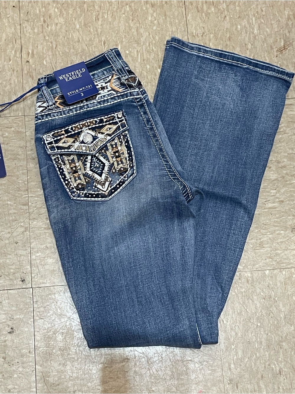 Women's Embellished Rhinestone Back-Pocket Stretch Denim Blue Jeans size 3